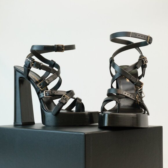 YSL Saint Laurent Leather Gladiator Platform Sandals, Black, EU 39.5 - Picture 4 of 15